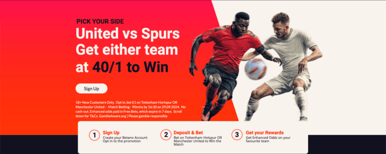 Betano Sign-Up Offer: Get 40/1 On Either Team To Win in Manchester Utd vs Spurs